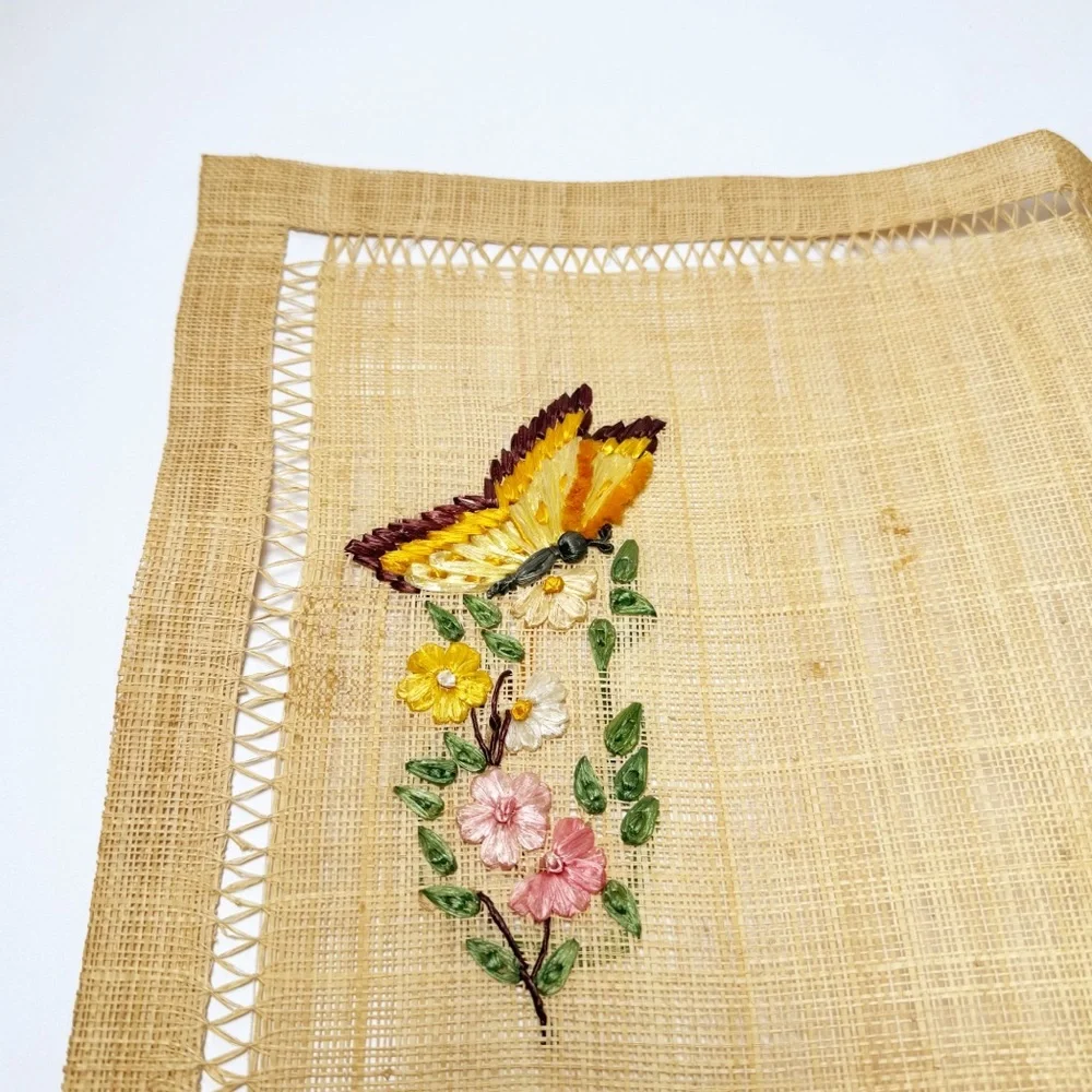 Vintage Woven Straw Embroidered Butterly Placemats